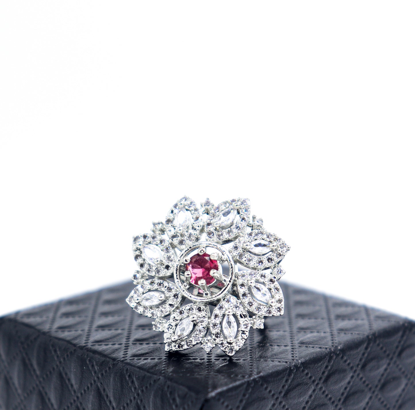 American Diamond Studded Silver Plated Adjustable Ring