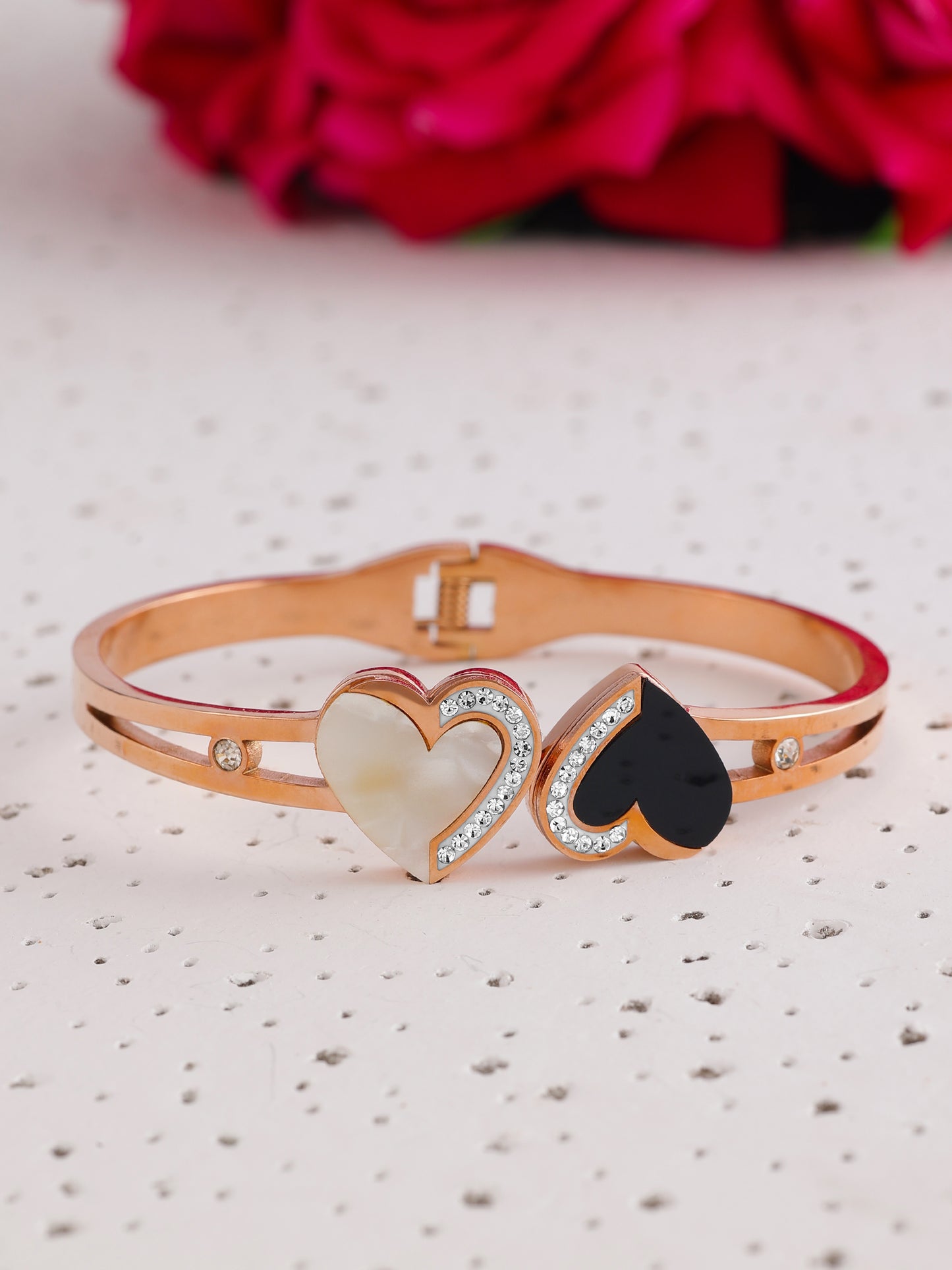 B/W Heart with Diamond Studded Rose Gold Plated Anti Tarnish Bracelet