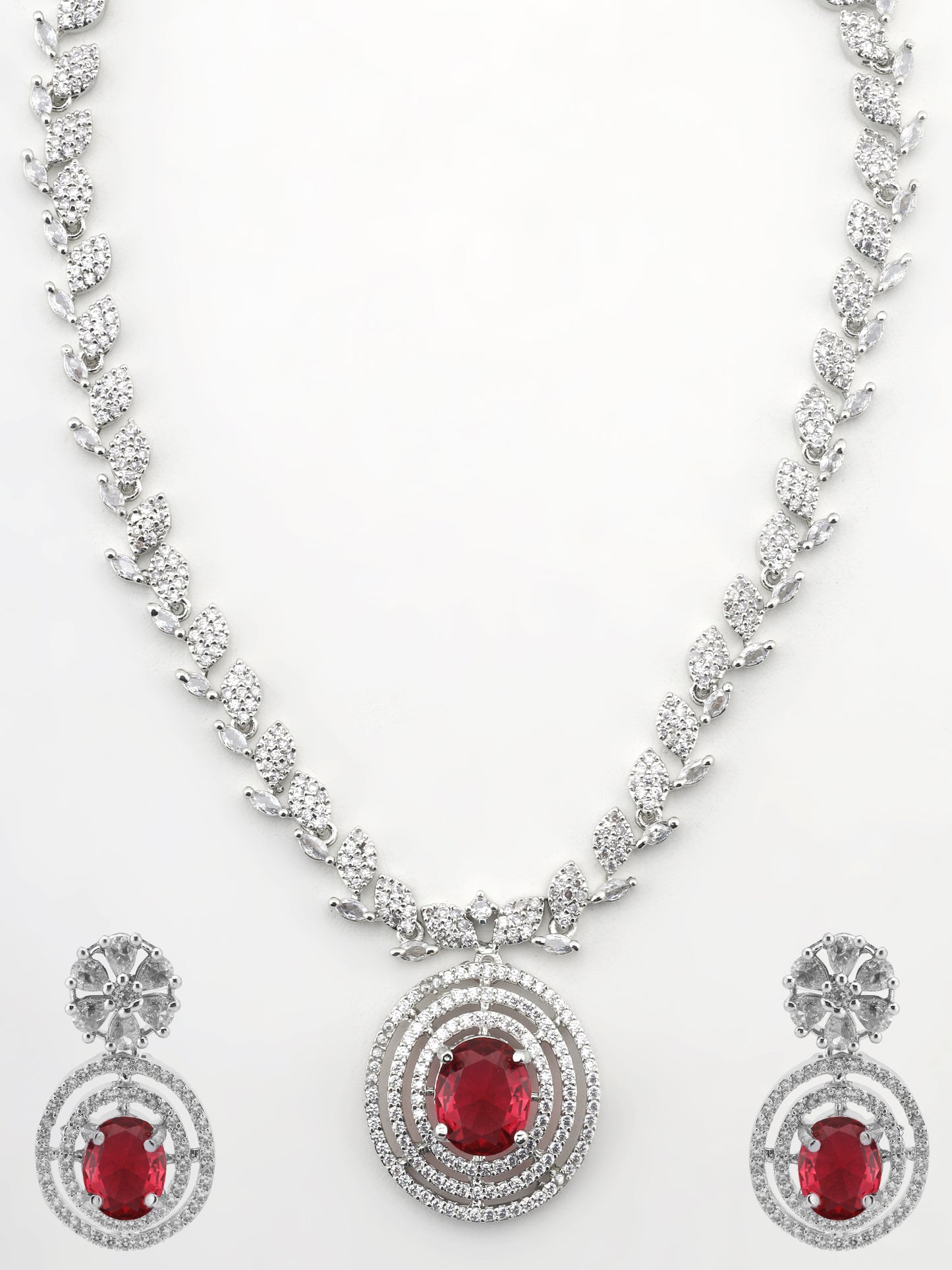 SAMPOORN'S AMERICAN DIAMOND STUDDED RED STONE NECKLACE WITH EARRINGS