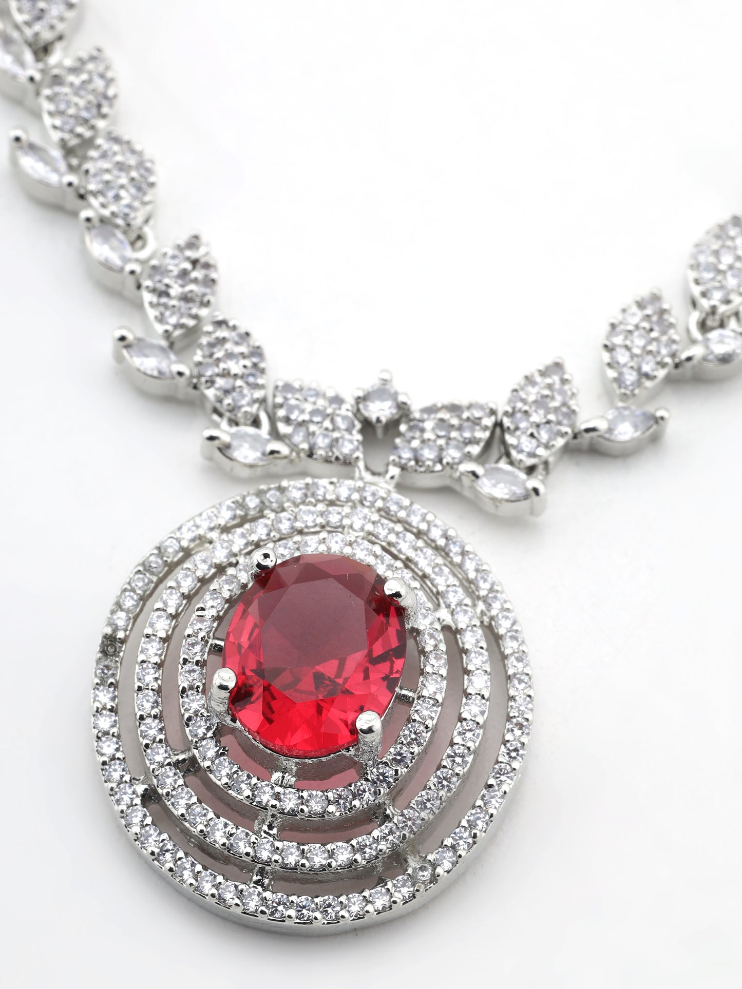 SAMPOORN'S AMERICAN DIAMOND STUDDED RED STONE NECKLACE WITH EARRINGS