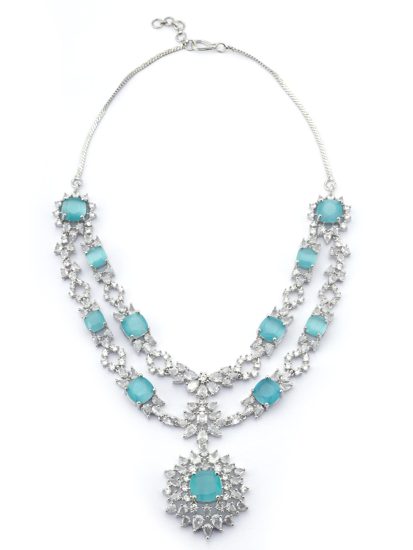 SAMPOORN'S AMERICAN DIAMOND STUDDED GREEN MINT STONE NECKLACE WITH EARRINGS AND MAANG TIKKA