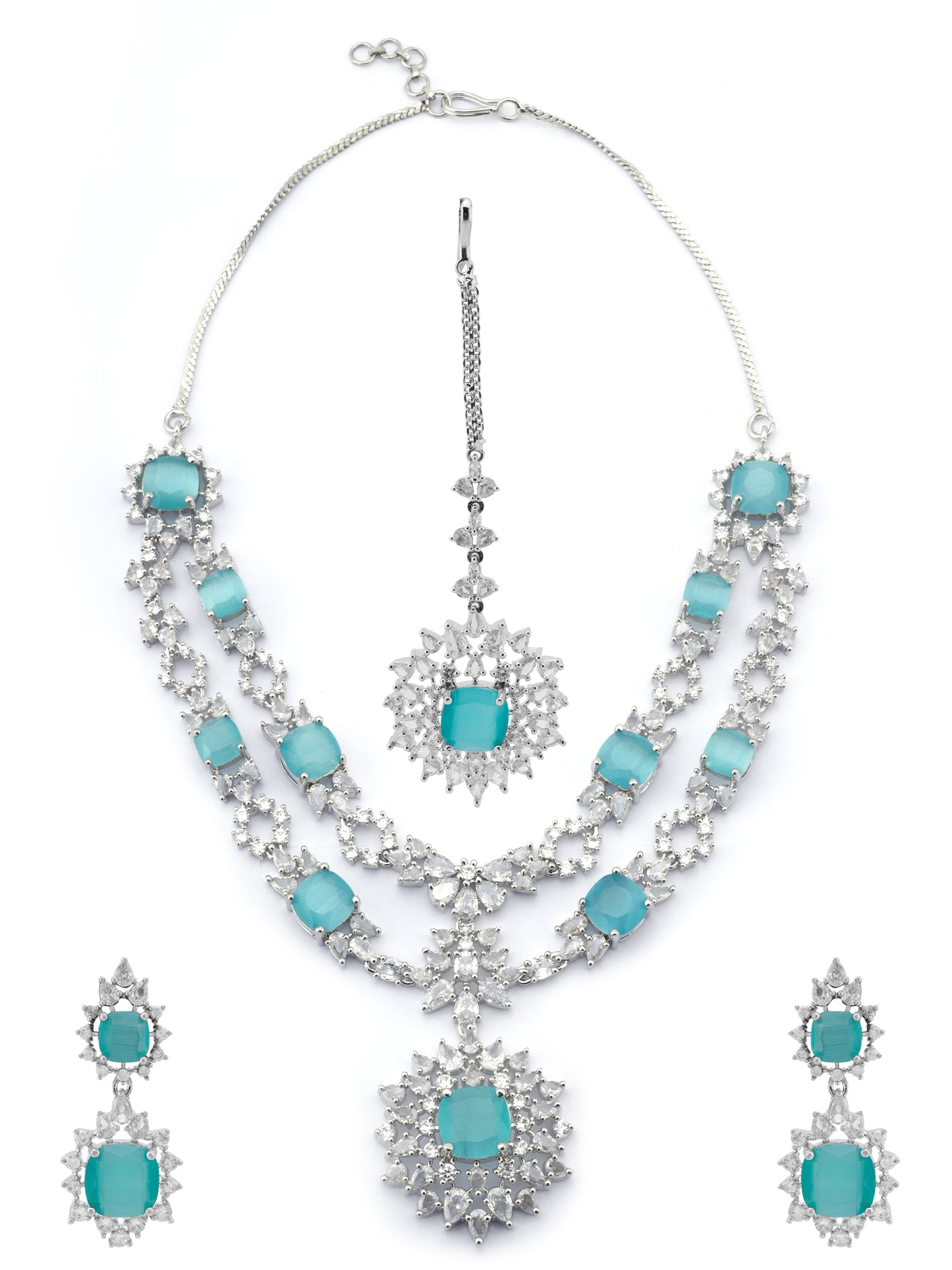 SAMPOORN'S AMERICAN DIAMOND STUDDED GREEN MINT STONE NECKLACE WITH EARRINGS AND MAANG TIKKA