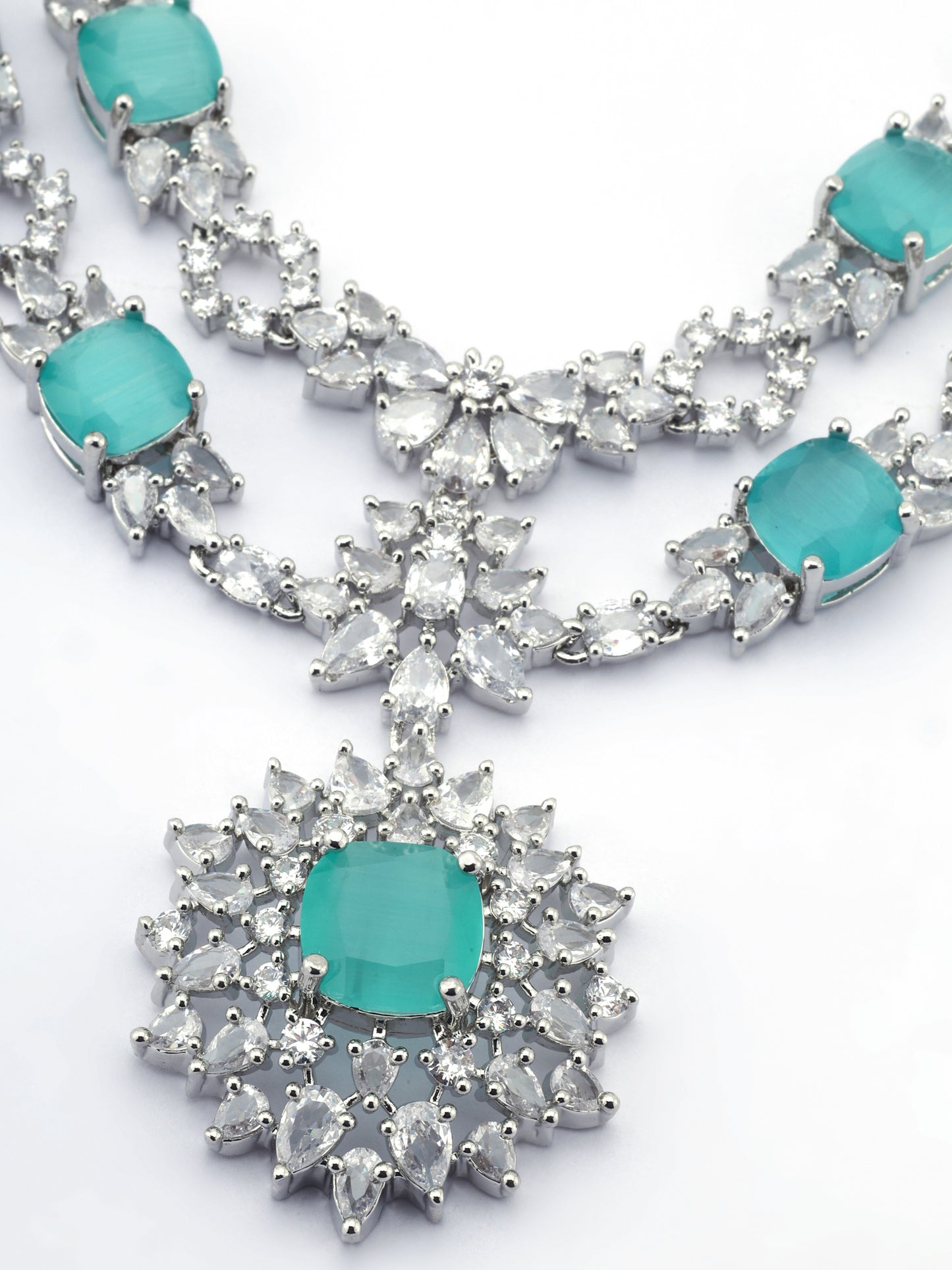 SAMPOORN'S AMERICAN DIAMOND STUDDED GREEN MINT STONE NECKLACE WITH EARRINGS AND MAANG TIKKA