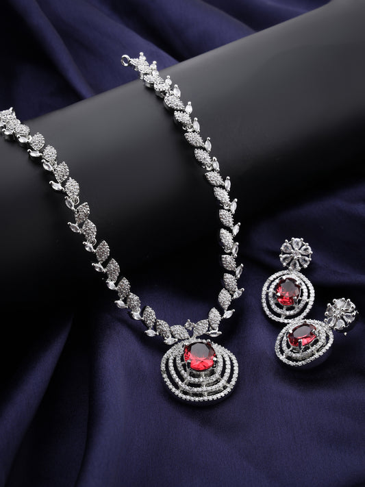 SAMPOORN'S AMERICAN DIAMOND STUDDED RED STONE NECKLACE WITH EARRINGS