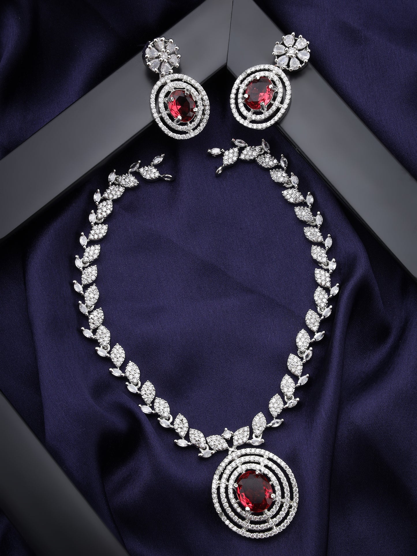 SAMPOORN'S AMERICAN DIAMOND STUDDED RED STONE NECKLACE WITH EARRINGS