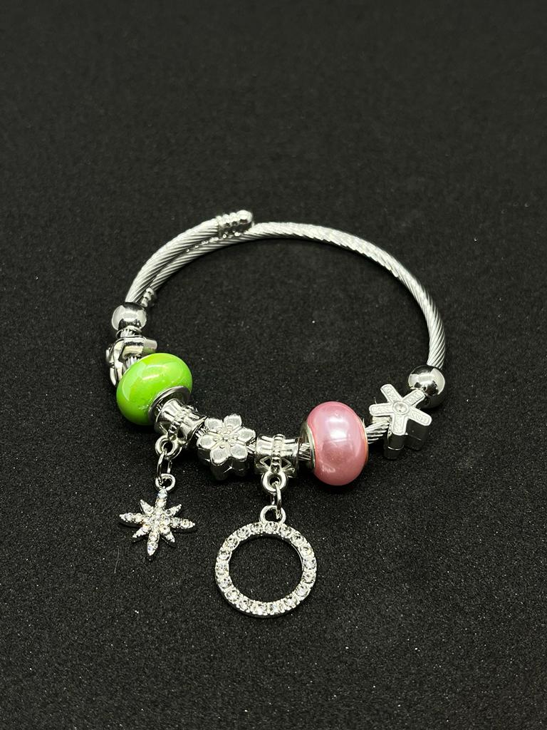 Silver Plated with Pink Green Beads Charms Pandora Bracelet