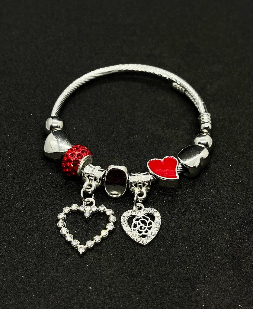 Silver Plated with Red Heart Charms Pandora Bracelet