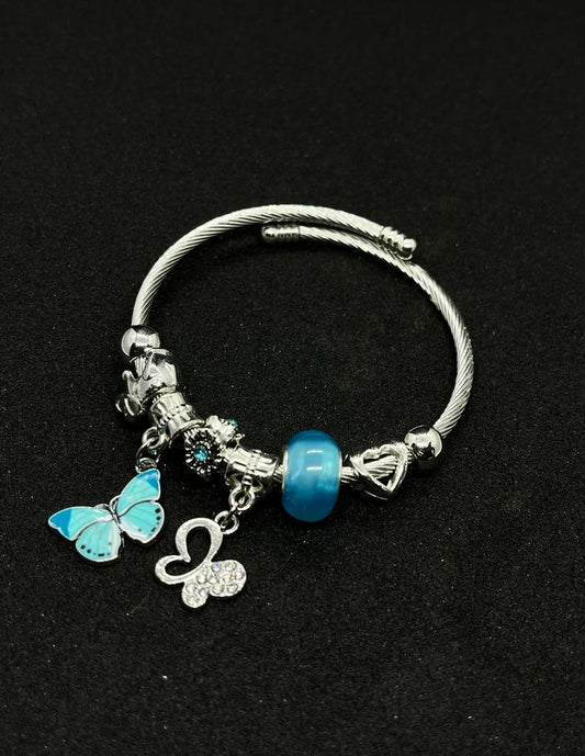 Silver Plated with Blue Butterfly Beads Charms Pandora Bracelet