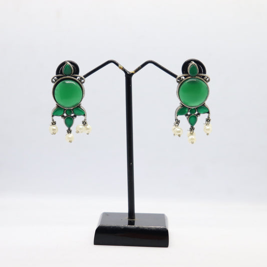 Silver Replica Stud Earrings With Semi Precious Green Stones