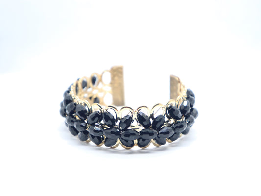 Black Crystal Stones Rose Gold Cuff Bracelet for Women