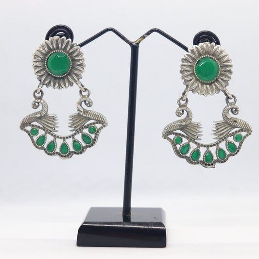 Silver Replica Chaandbali Style Stud Earrings with Semi Precious Stones