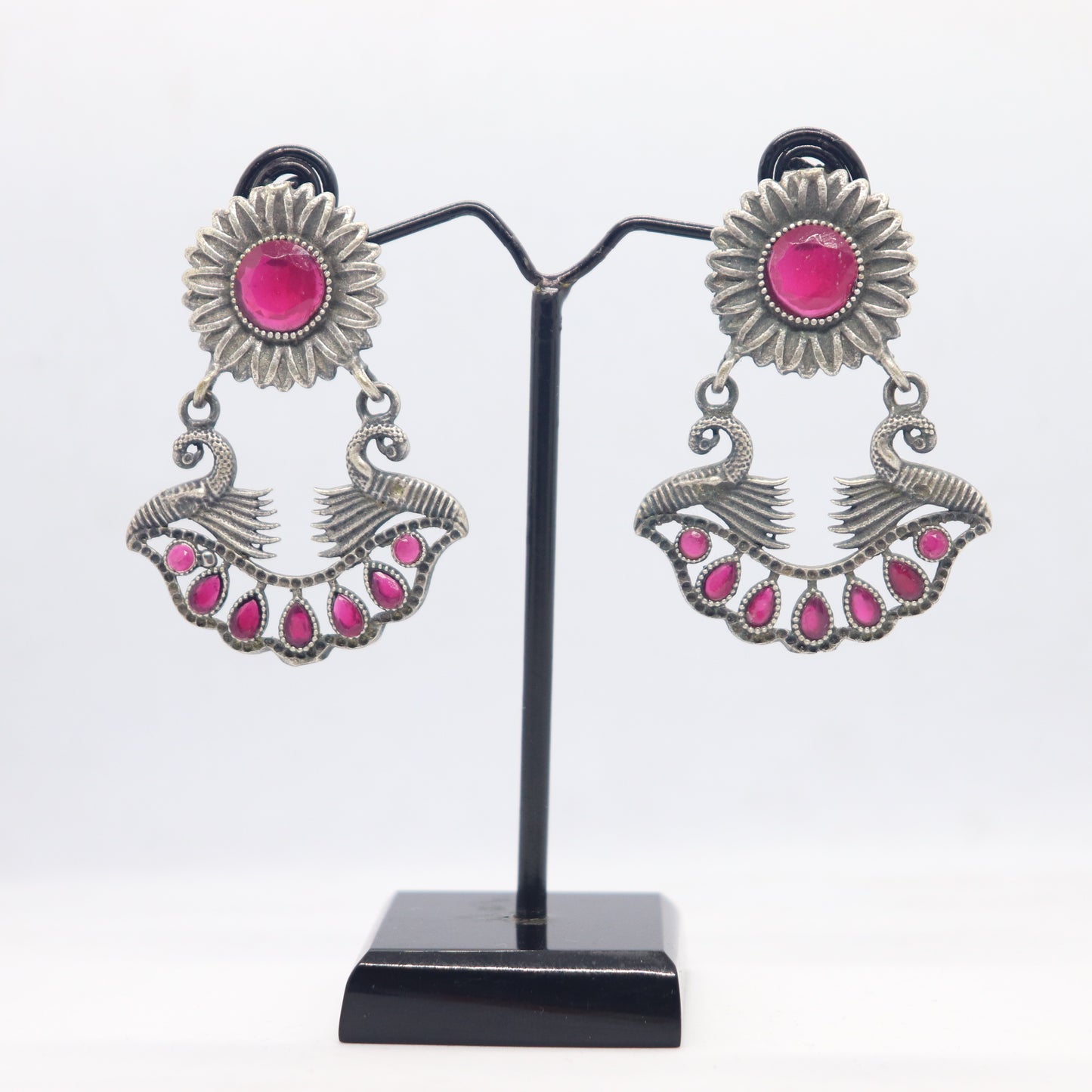 Silver Replica Chaandbali Style Stud Earrings with Semi Precious Stones