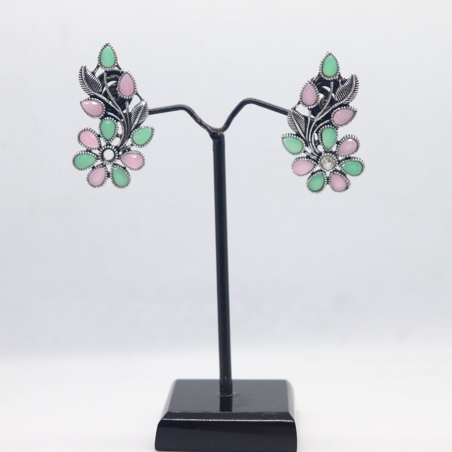 Silver Replica Flower Stud Earrings With Semi Precious Stones