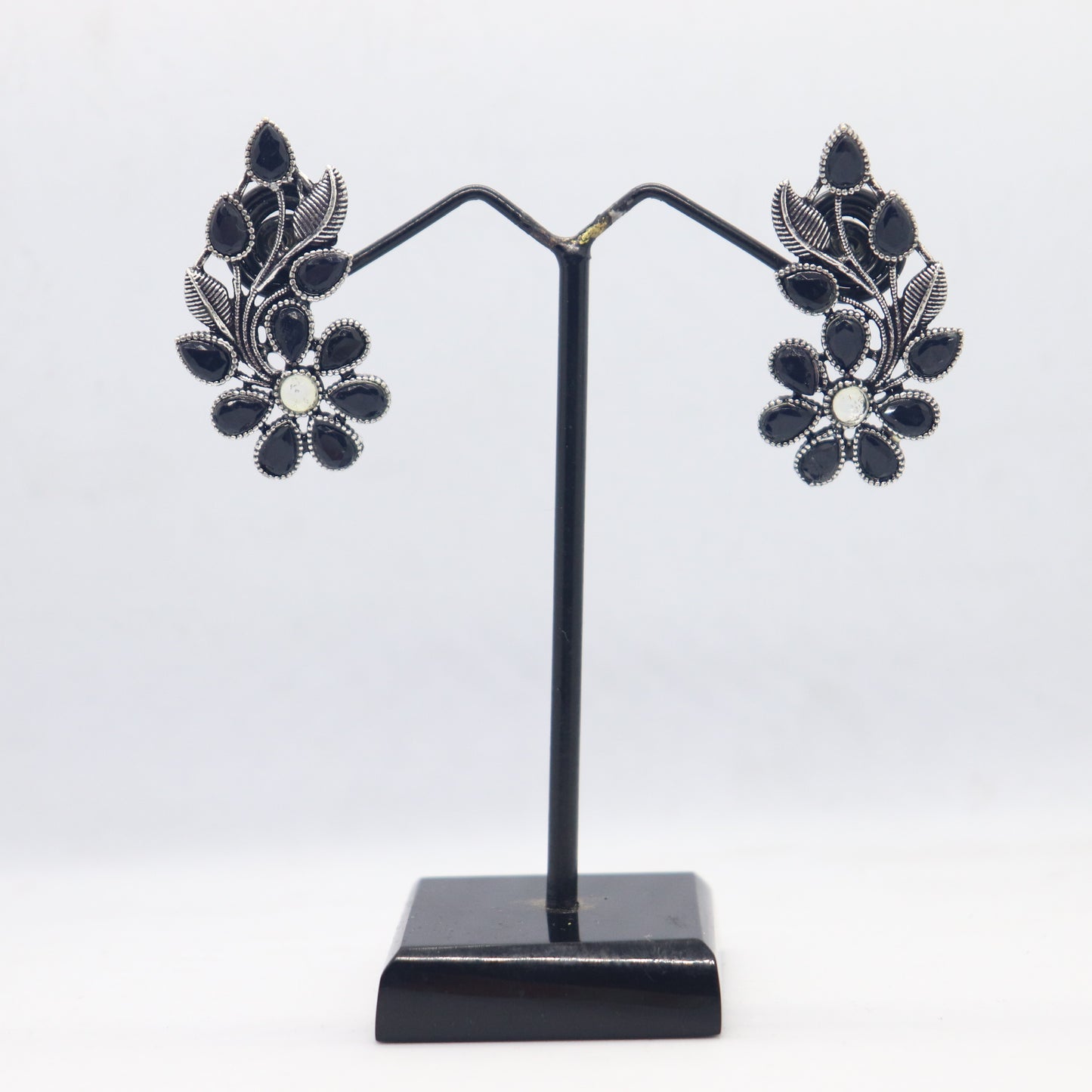 Silver Replica Flower Stud Earrings With Semi Precious Stones