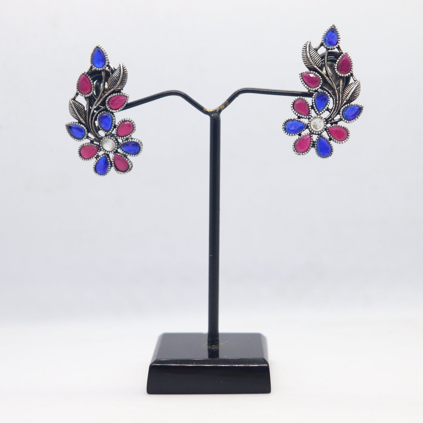 Silver Replica Flower Stud Earrings With Semi Precious Stones