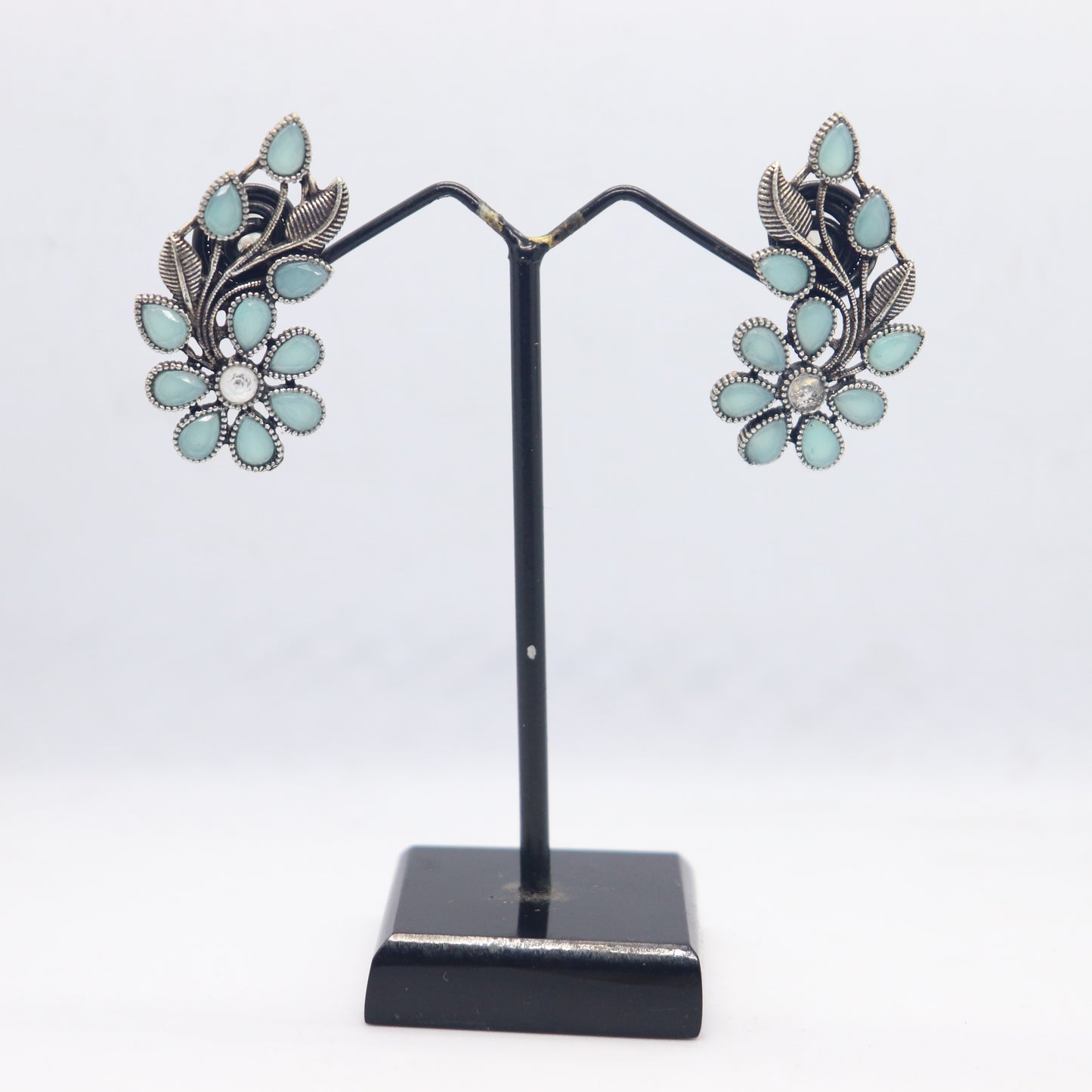 Silver Replica Flower Stud Earrings With Semi Precious Stones