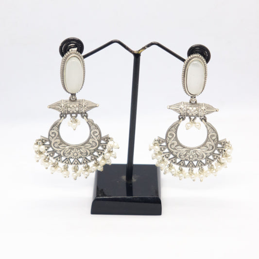 Silver Replica Chaandbali Style Stud Earrings with Semi Precious Stone