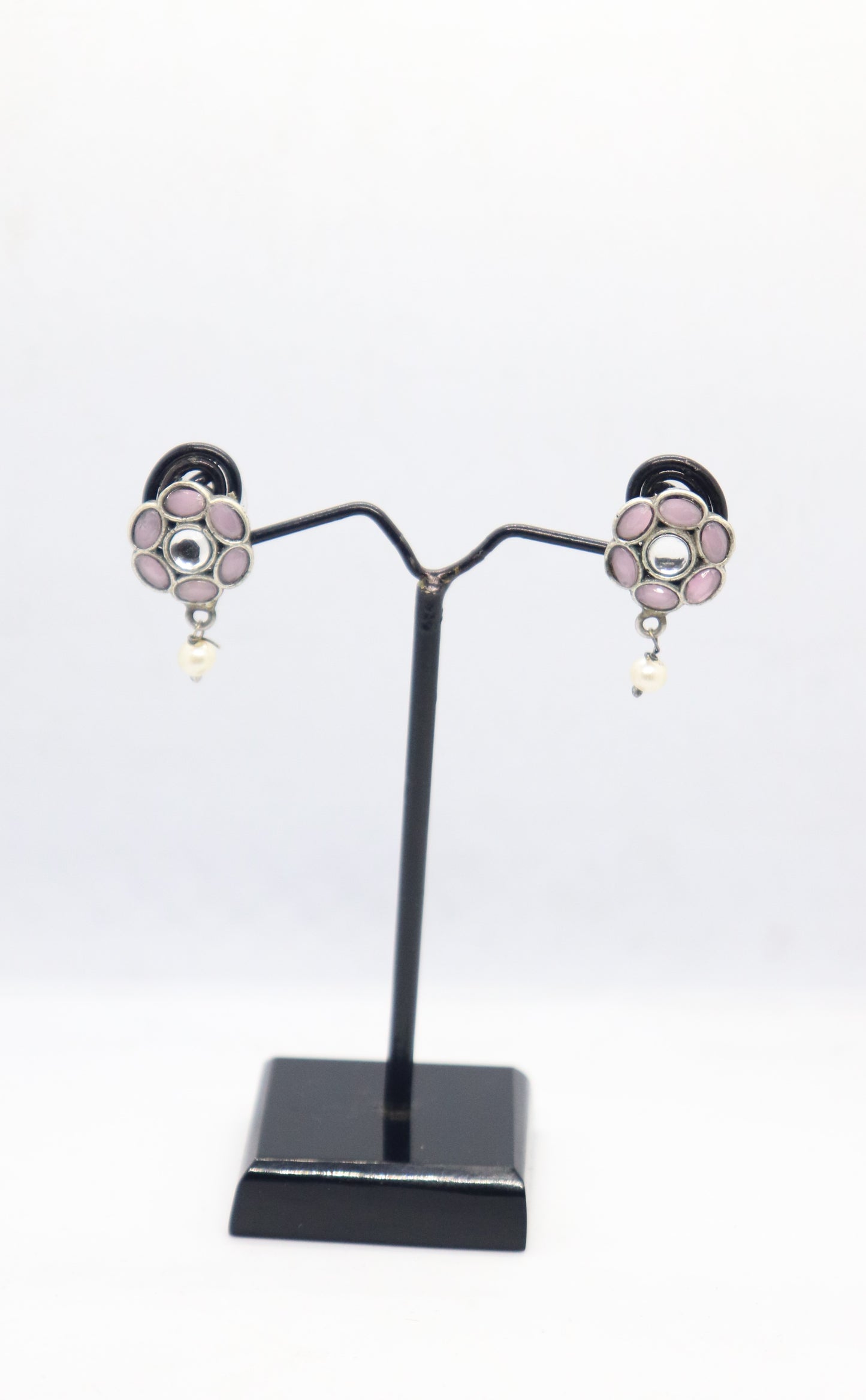 Silver Replica Flower Shaped Stud Earrings with Semi Precious Stones