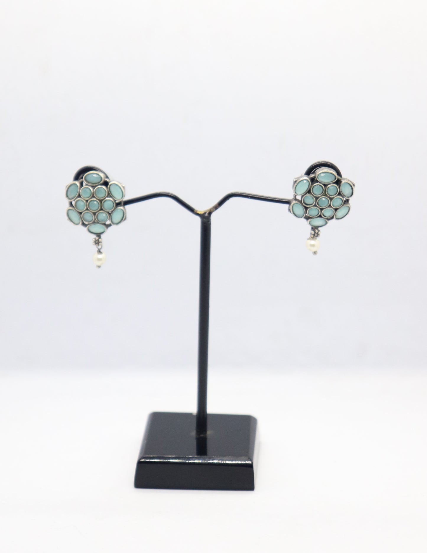 Silver Replica Flower Shaped Stud Earrings with Semi Precious Stones