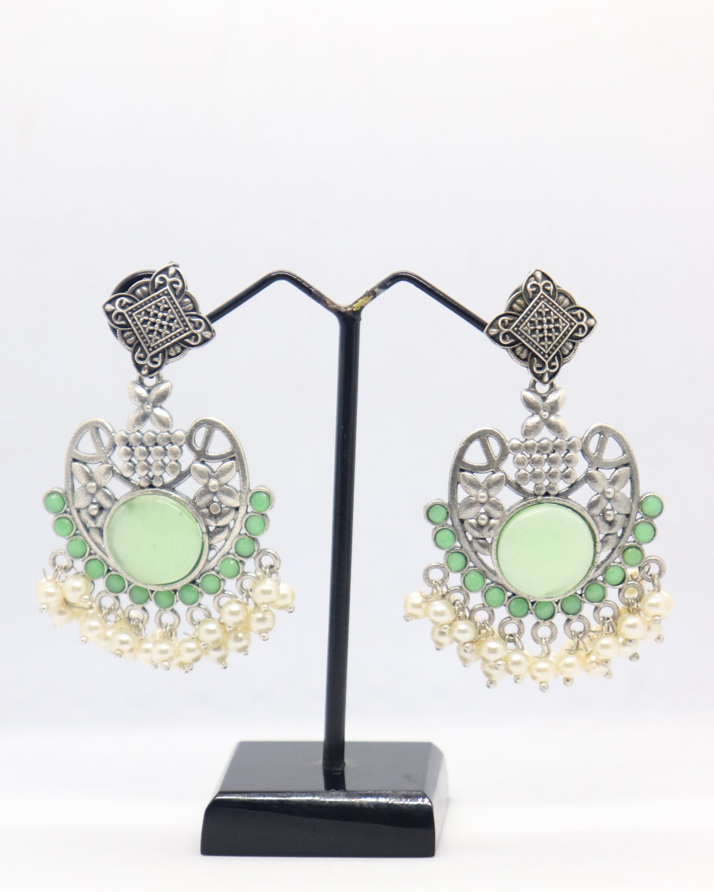 Silver Replica Stud Earrings with Semi Precious Stones and Pearl Drop