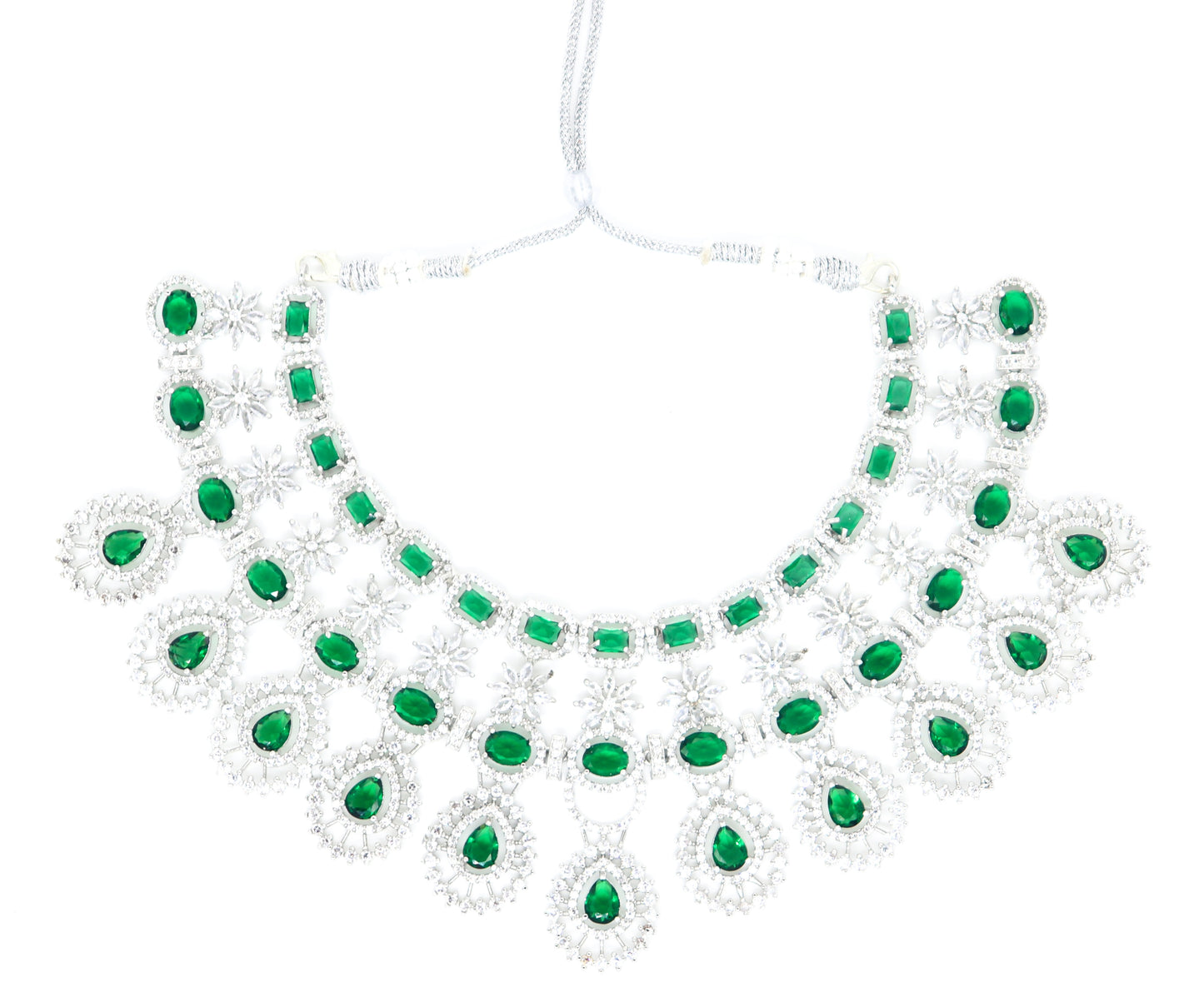 SAMPOORN'S AMERICAN DIAMOND STUDDED BOTTLE GREEN STONE NECKLACE WITH EARRINGS AND MAANG TIKKA