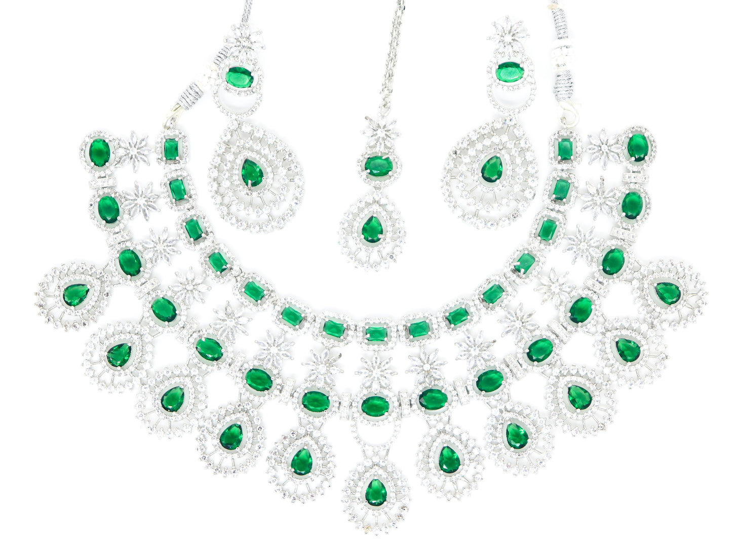 SAMPOORN'S AMERICAN DIAMOND STUDDED BOTTLE GREEN STONE NECKLACE WITH EARRINGS AND MAANG TIKKA