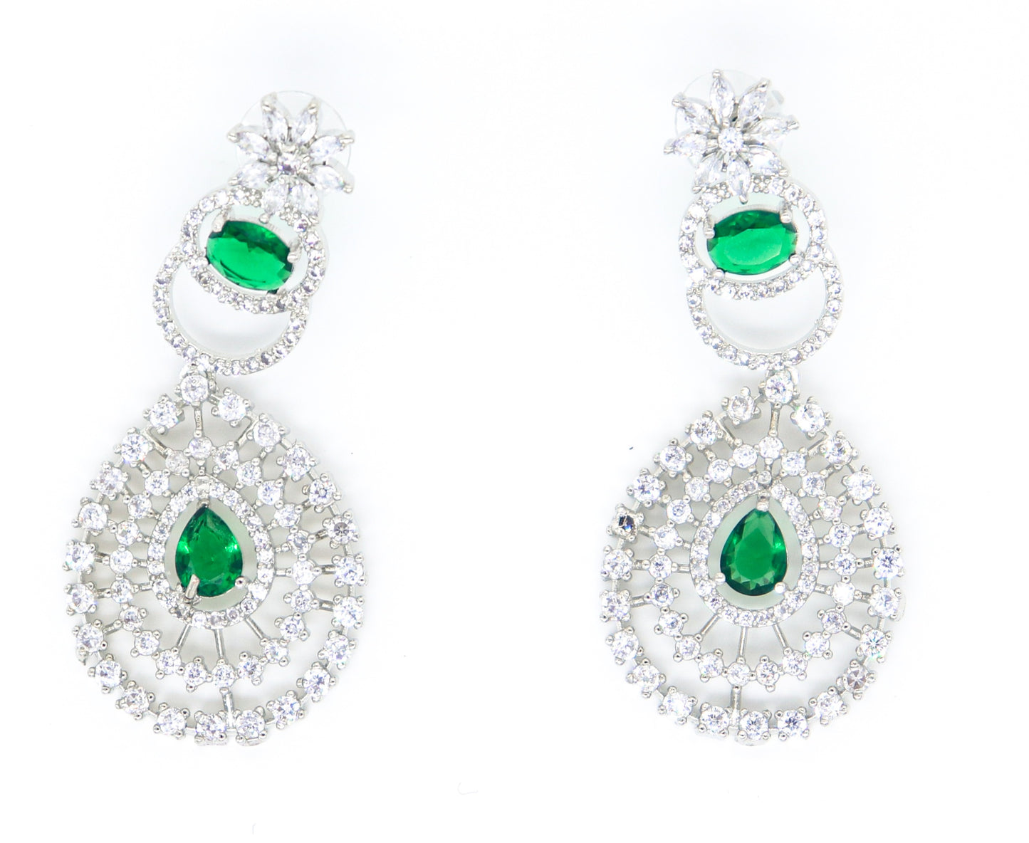 SAMPOORN'S AMERICAN DIAMOND STUDDED BOTTLE GREEN STONE NECKLACE WITH EARRINGS AND MAANG TIKKA