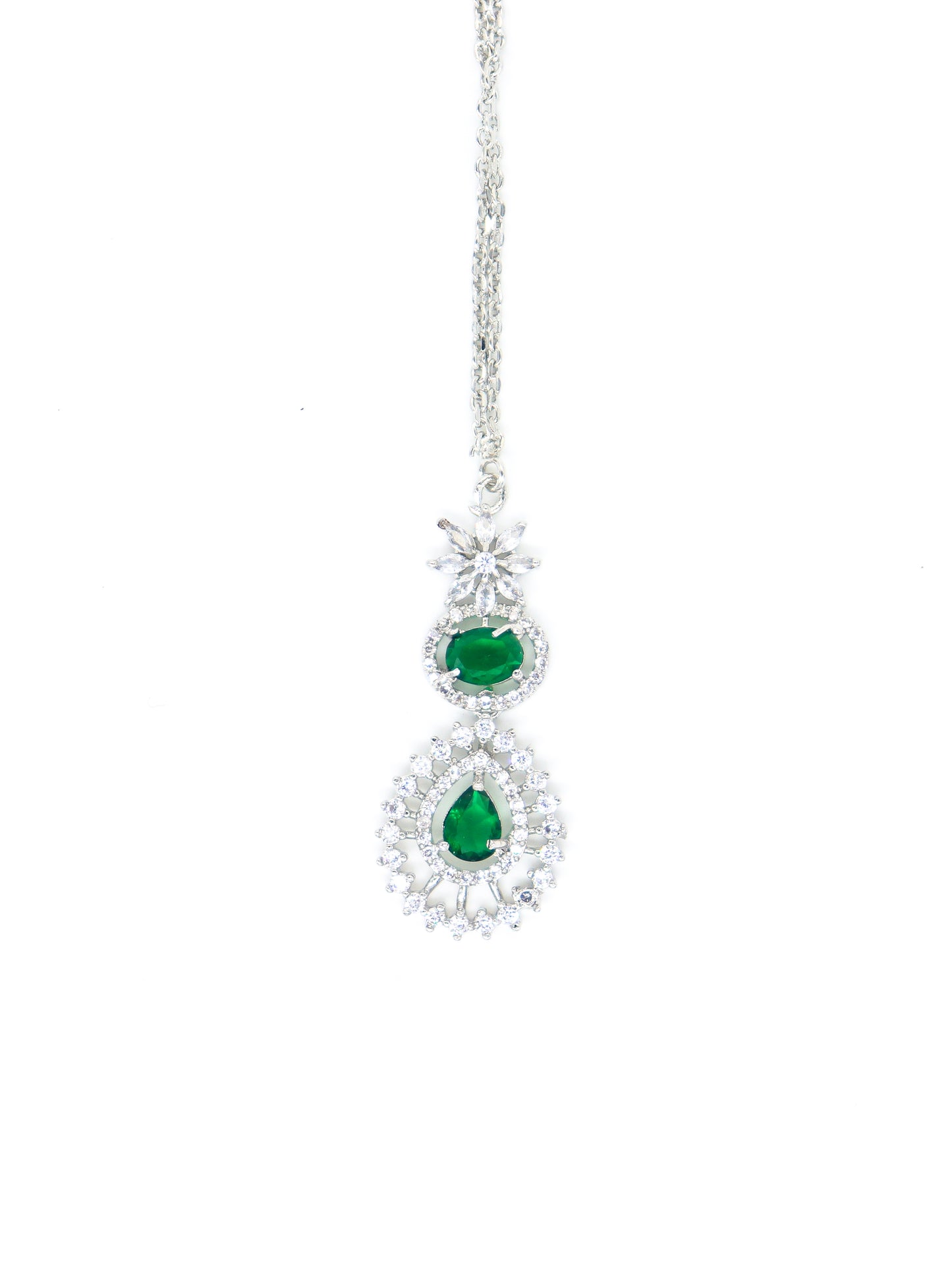 SAMPOORN'S AMERICAN DIAMOND STUDDED BOTTLE GREEN STONE NECKLACE WITH EARRINGS AND MAANG TIKKA