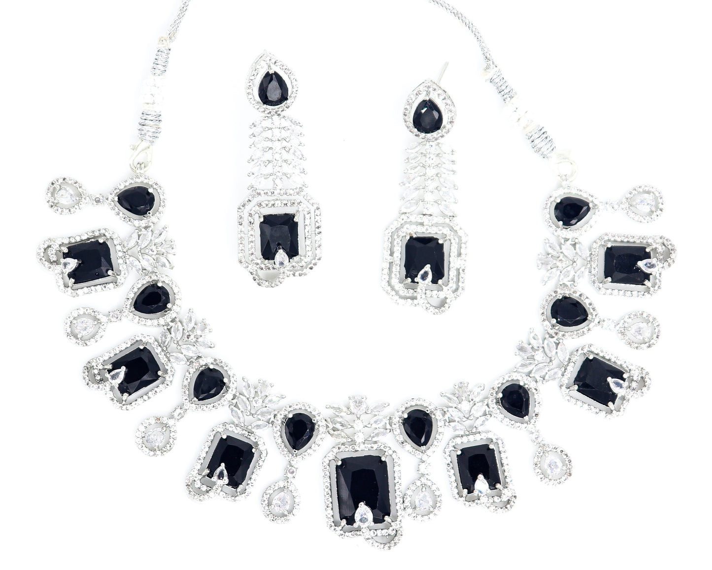 SAMPOORN'S AMERICAN DIAMOND STUDDED STONE NECKLACE WITH EARRINGS