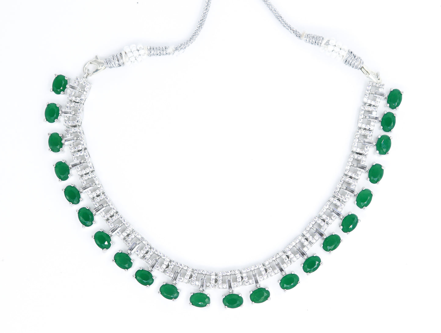 SAMPOORN'S AMERICAN DIAMOND STUDDED GREEN STONE NECKLACE WITH EARRINGS