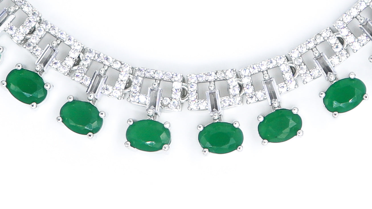 SAMPOORN'S AMERICAN DIAMOND STUDDED GREEN STONE NECKLACE WITH EARRINGS