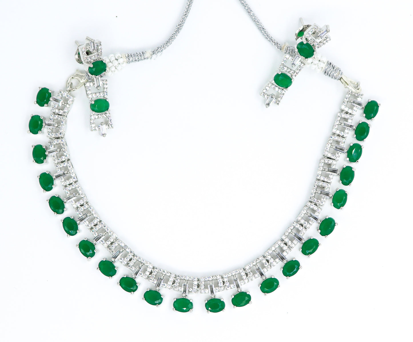 SAMPOORN'S AMERICAN DIAMOND STUDDED GREEN STONE NECKLACE WITH EARRINGS