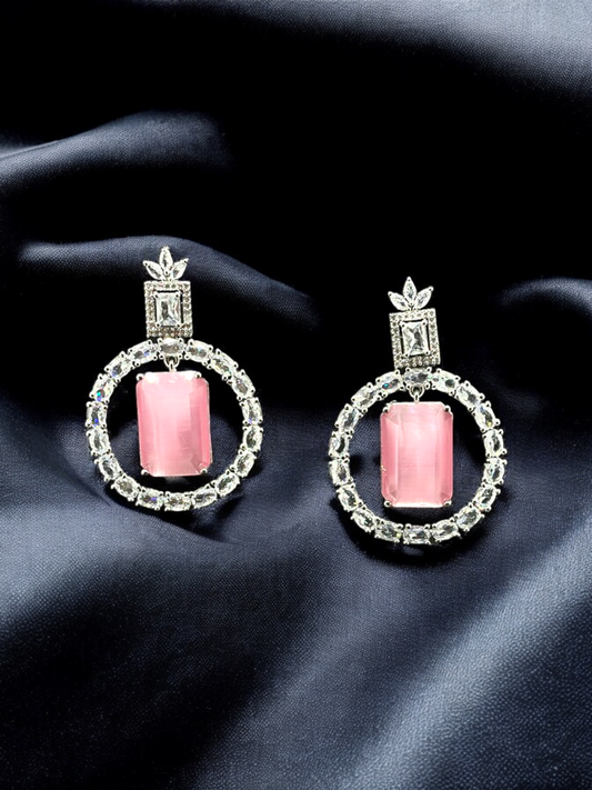 SAMPOORN'S AMERICAN DIAMOND FLAMINGO PINK DANGLING EARRINGS