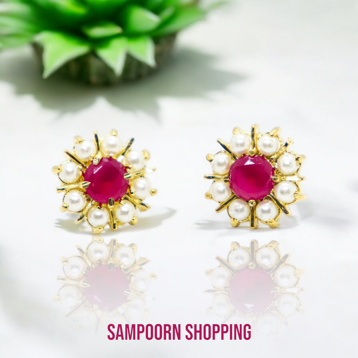 Ruby Stone Studded with Pearls Stud Earrings