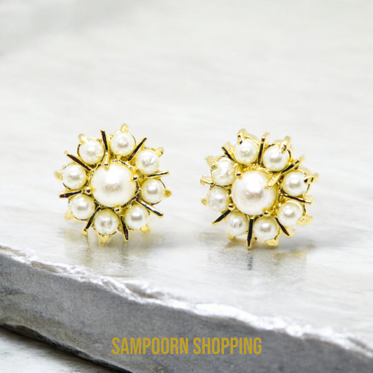 White Pearl Beads Gold Plated Stud Earrings