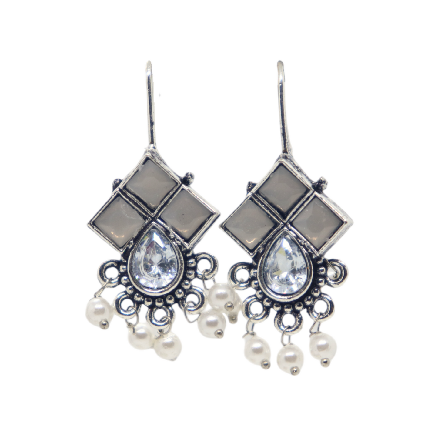 German Silver Stone Hook Earring with Pearl Drop