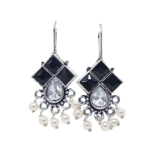 German Silver Stone Hook Earring with Pearl Drop