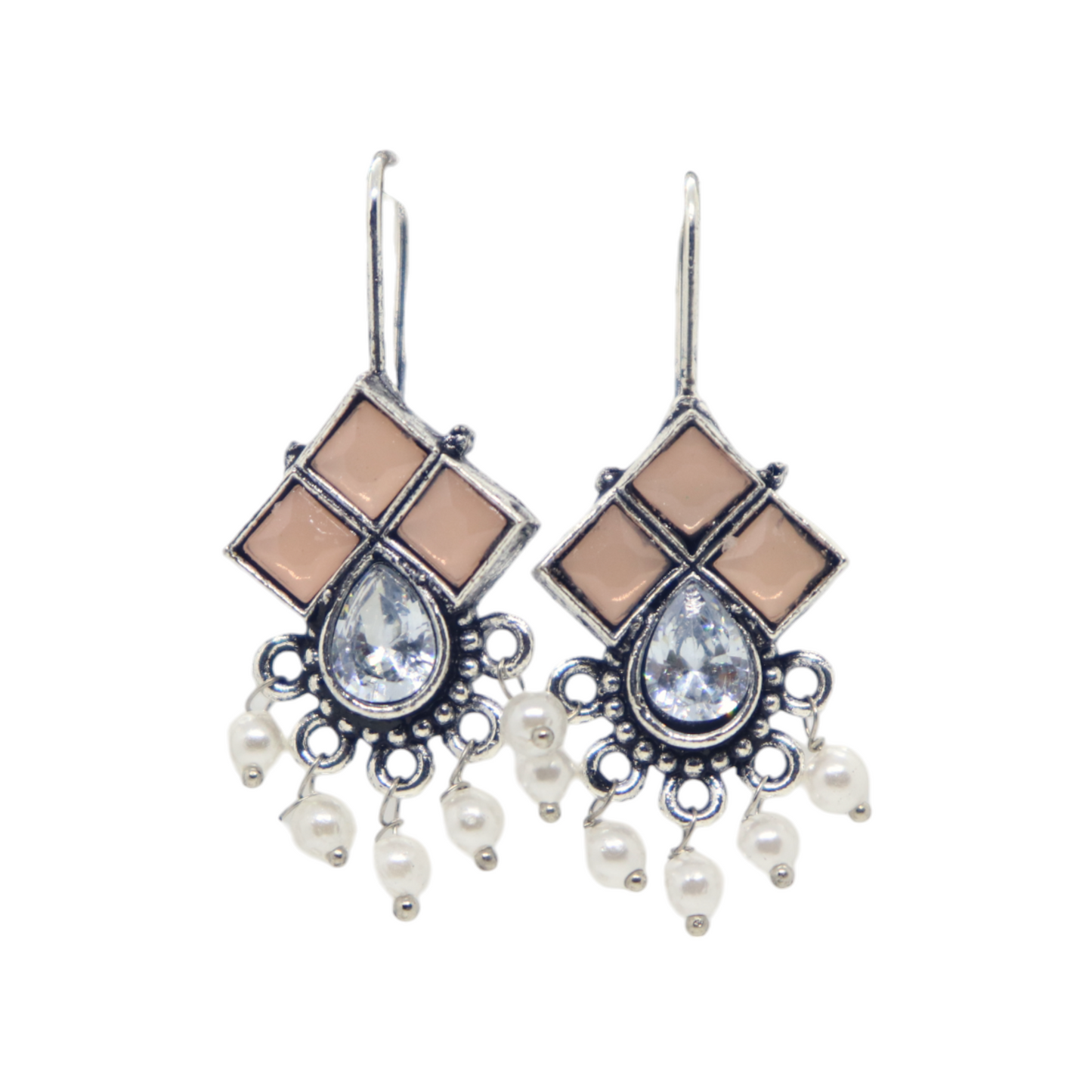 German Silver Stone Hook Earring with Pearl Drop