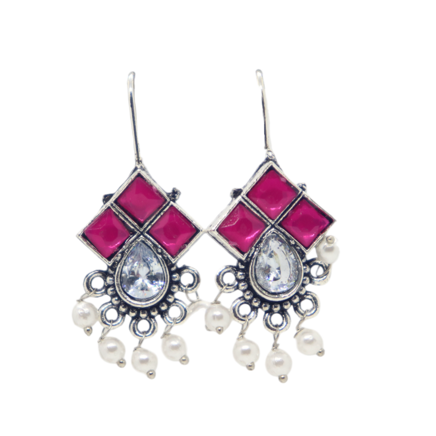 German Silver Stone Hook Earring with Pearl Drop