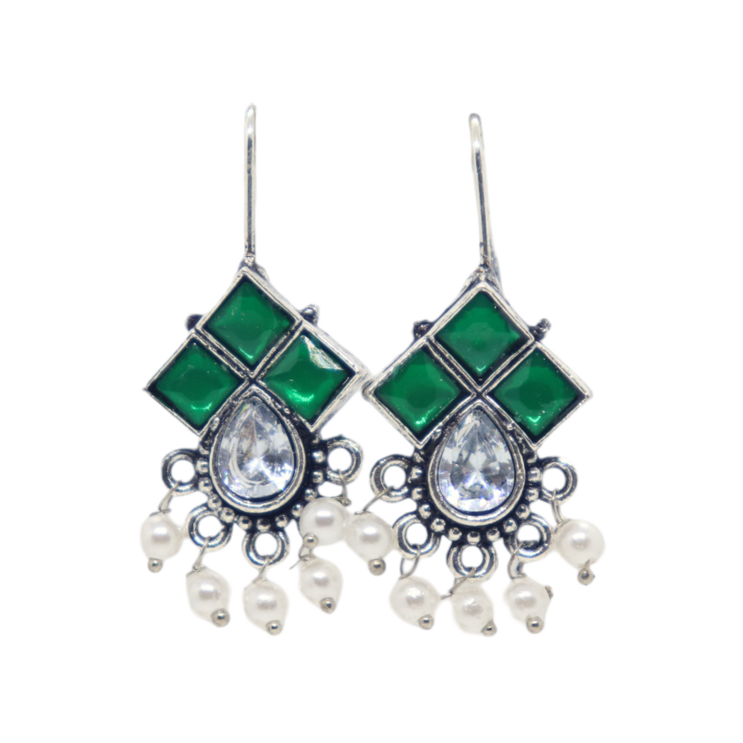 German Silver Stone Hook Earring with Pearl Drop