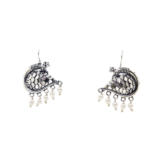 German Silver Peacock Hook Earrings with Pearl Drop