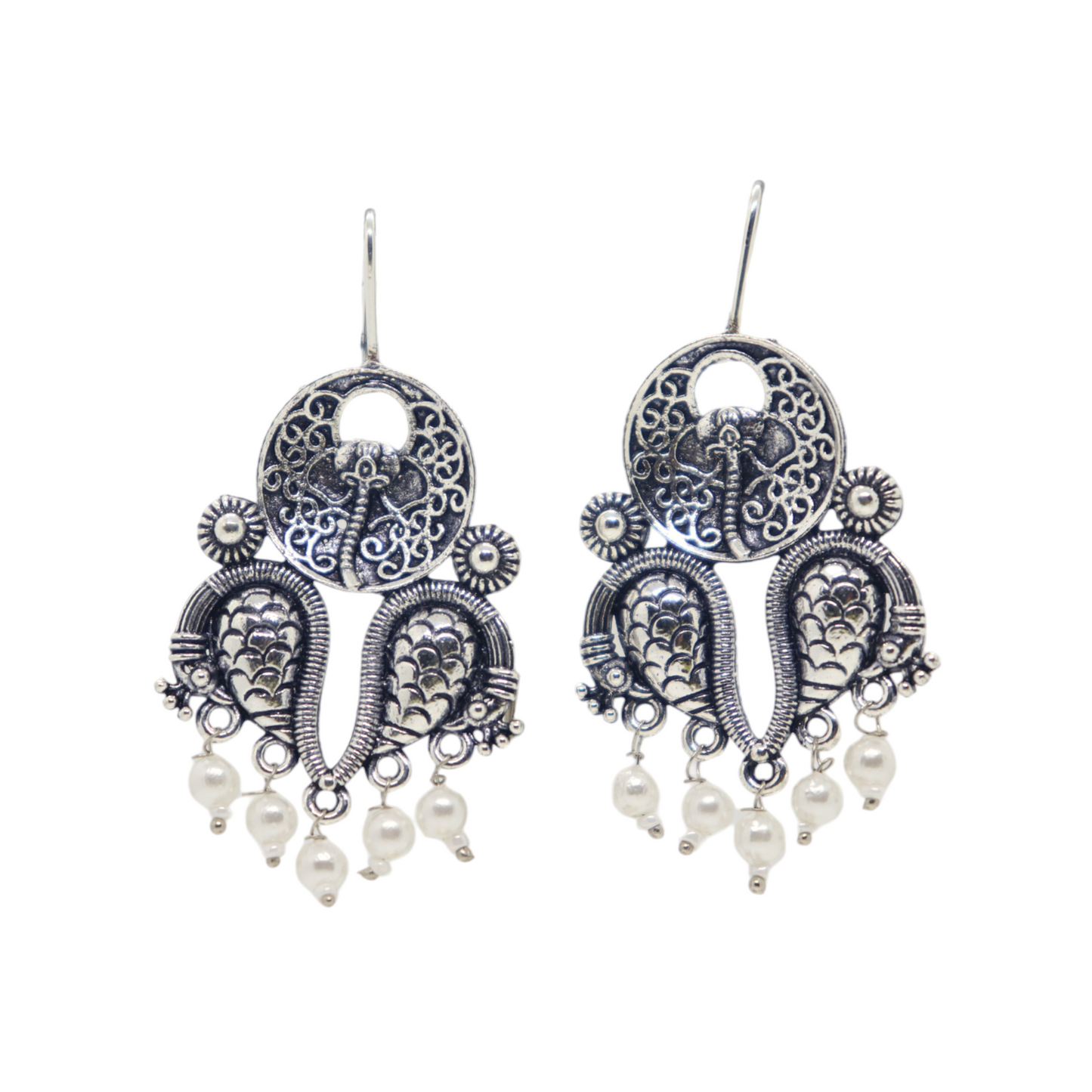 German Silver Ganesh Ji Hook Earrings with Pearl Drop